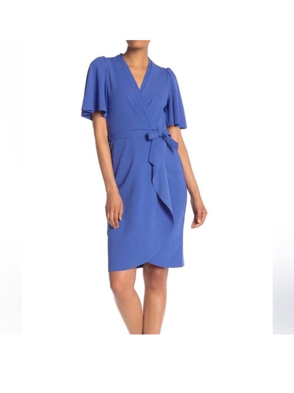 NWT Donna Morgan Blue Crepe Faux Wrap Flutter Sleeve Dress 16